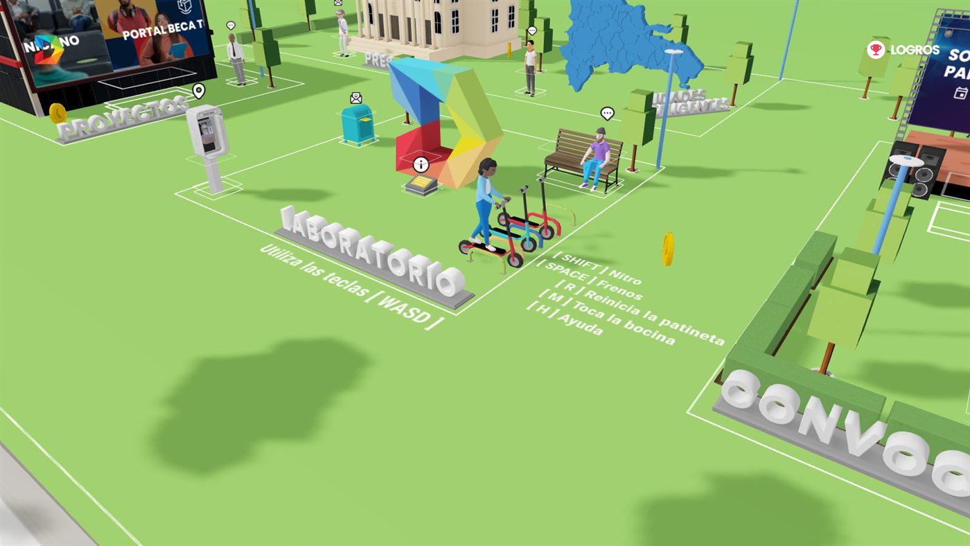 The built 3D world: the LID monument, scooters and mission zones